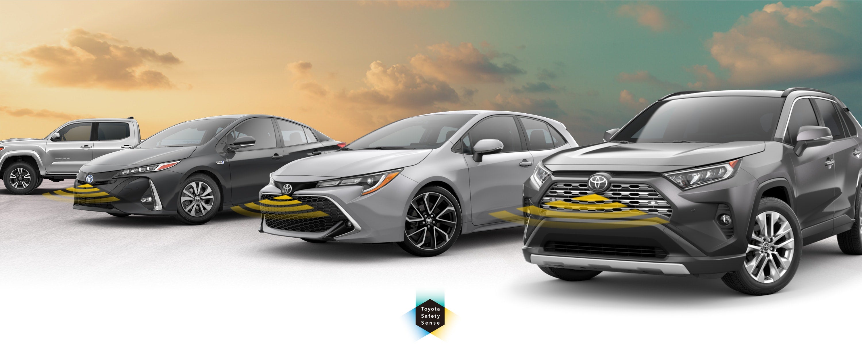 Toyota Safety Sense: Designed for Safety. Options shown on Toyota models including RAV4, Tacoma, and Camry, available now at Mount Airy Toyota in Mount Airy NC.